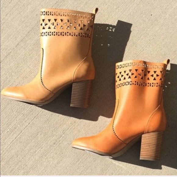 Buckle Shoes - Tan Distressed Laser Cut Perforated Tall Boots